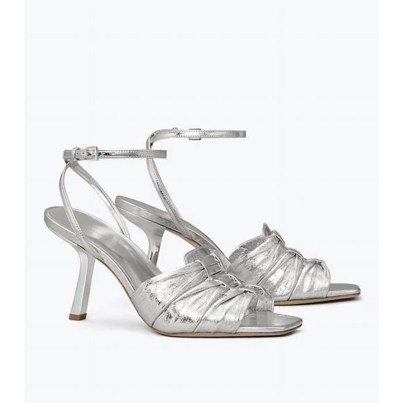 NEW TORY BURCH ruched heel sandal in silver - Picture 1 of 1